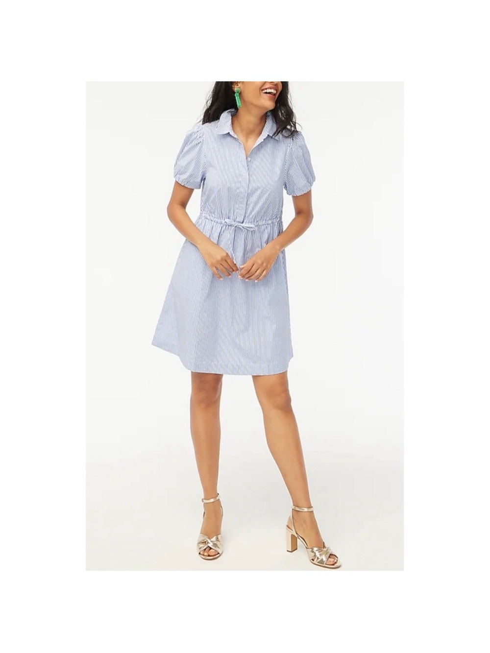 J. Crew Factory Blue and White Striped Puff Sleeve Cinch Waist Mini Dress ✨🤍🩵